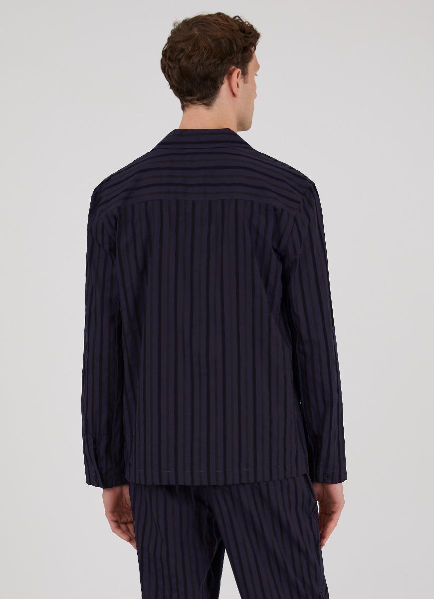 Men's Cotton Flannel Pyjama Shirt in Navy Dobby Stripe