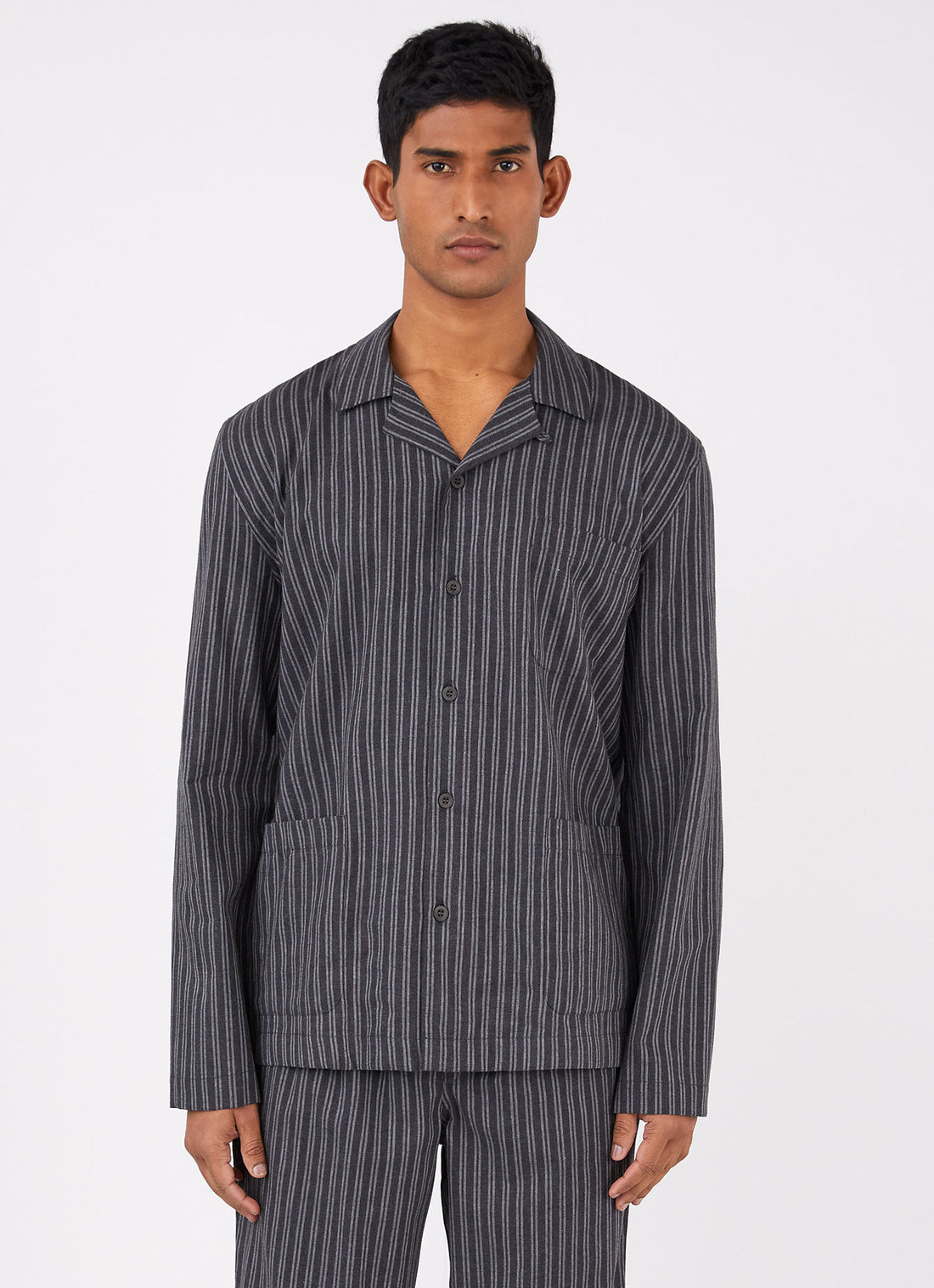 Men's Cotton Flannel Pyjama Shirt in Charcoal/Mid Grey Stripe
