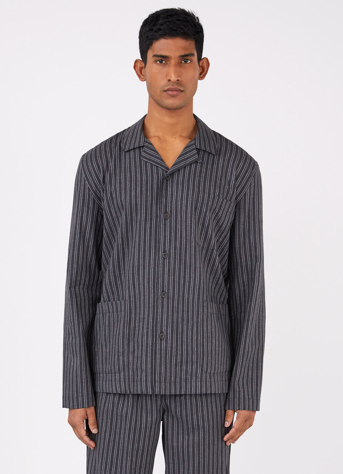 Men's Cotton Flannel Pyjama Shirt in Charcoal/Mid Grey Stripe