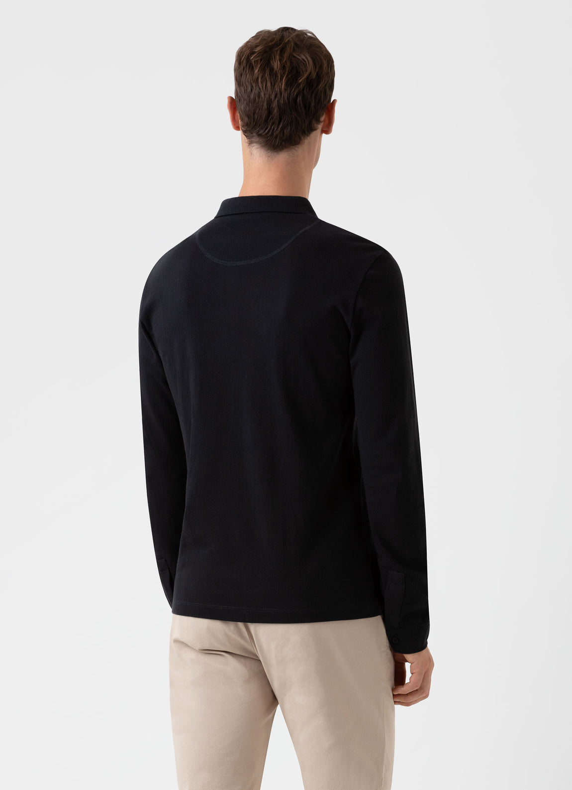 Men's Long Sleeve Riviera Polo Shirt in Black | Sunspel