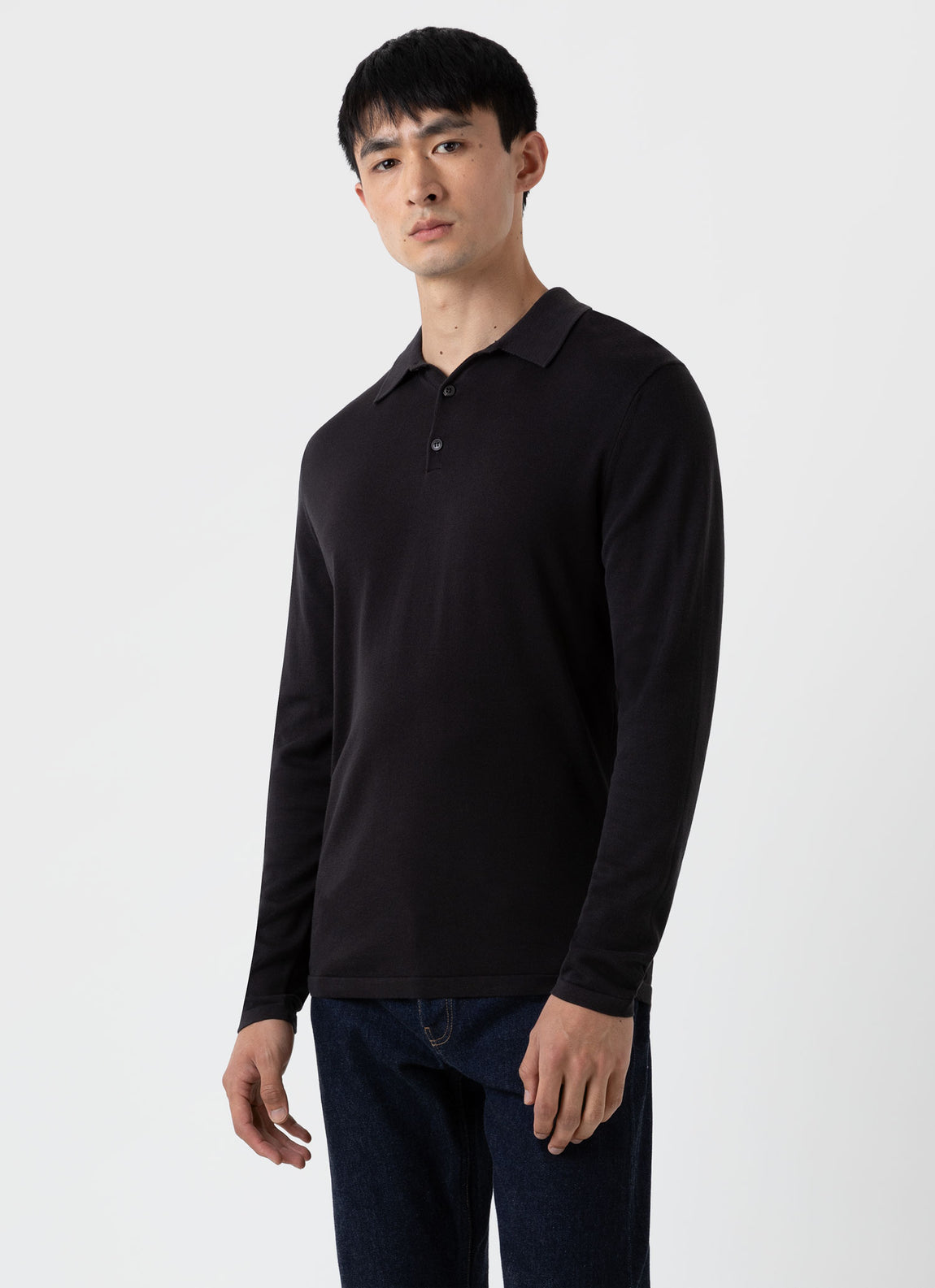 Men's Sea Island Cotton Long Sleeve Polo Shirt in Black | Sunspel