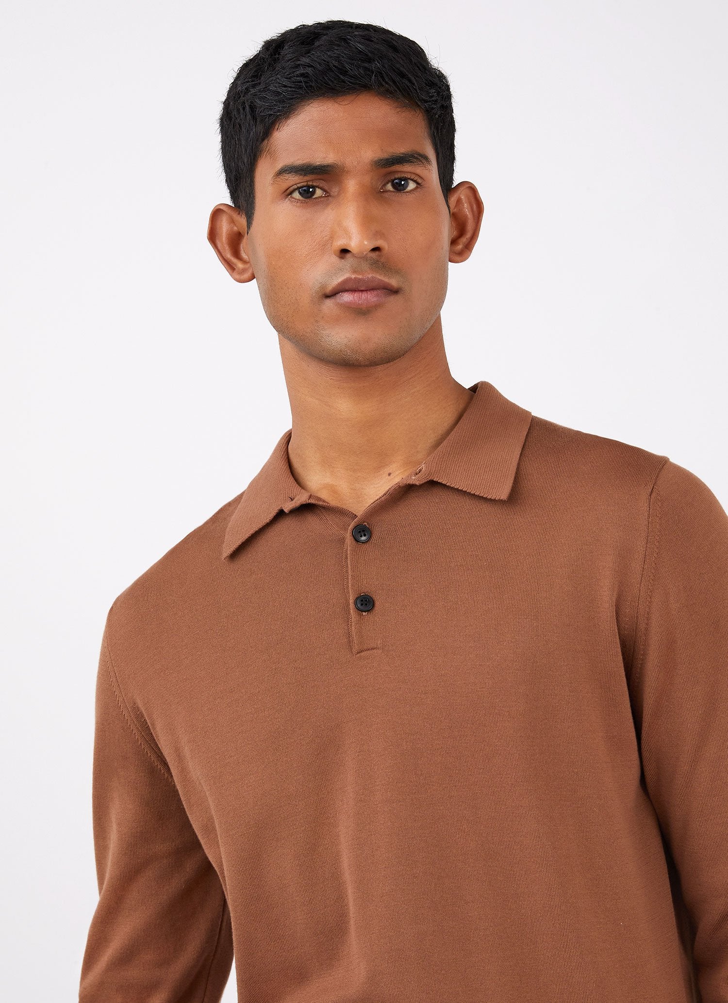 Men's Long Sleeve Sea Island Cotton Knit Polo Shirt in Gingerbread