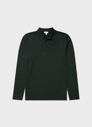 Men's Long Sleeve Sea Island Cotton Knit Polo Shirt in Seaweed
