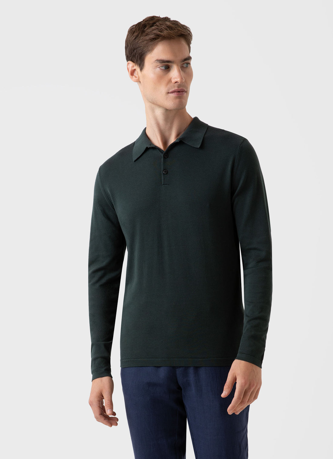 Men's Sea Island Cotton Long Sleeve Polo Shirt in Seaweed