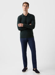 Men's Long Sleeve Sea Island Cotton Knit Polo Shirt in Seaweed