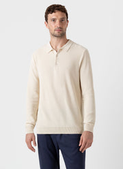 Men's Knit Long Sleeve Polo Shirt in Ecru