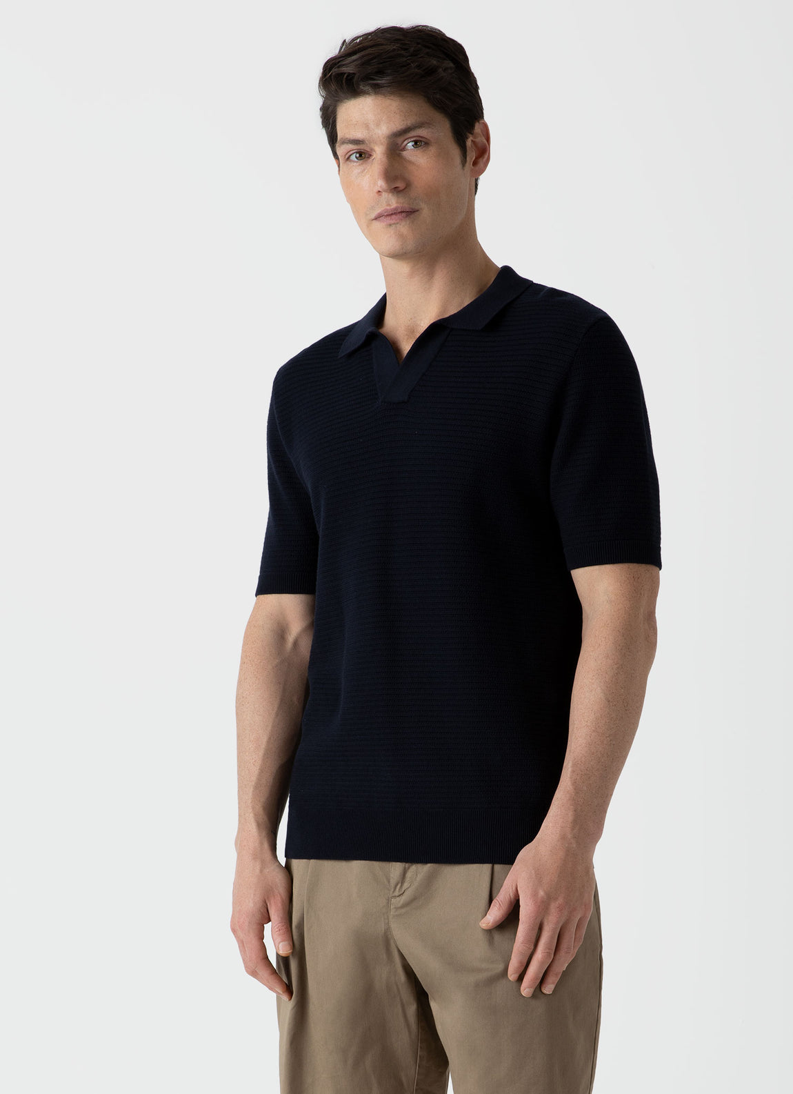 Men's Open Textured Polo Shirt in Navy | Sunspel