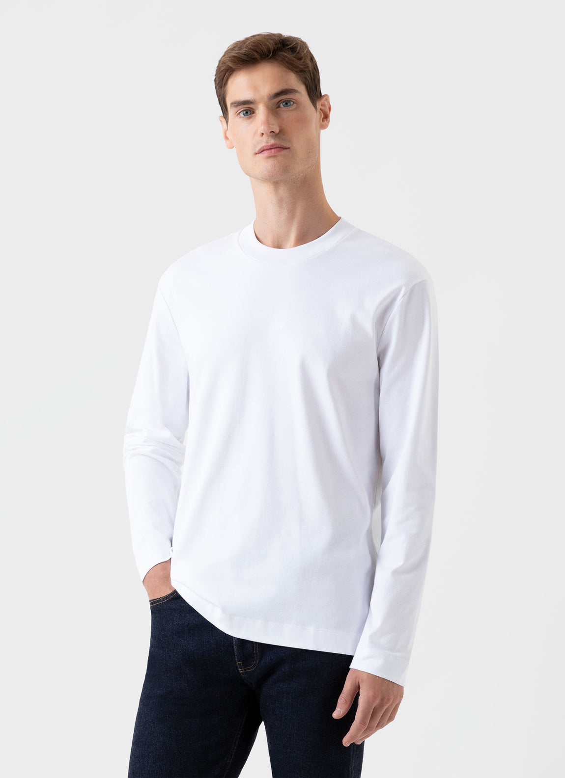 Men's Carbon Brushed Long Sleeve T-shirt in White | Sunspel
