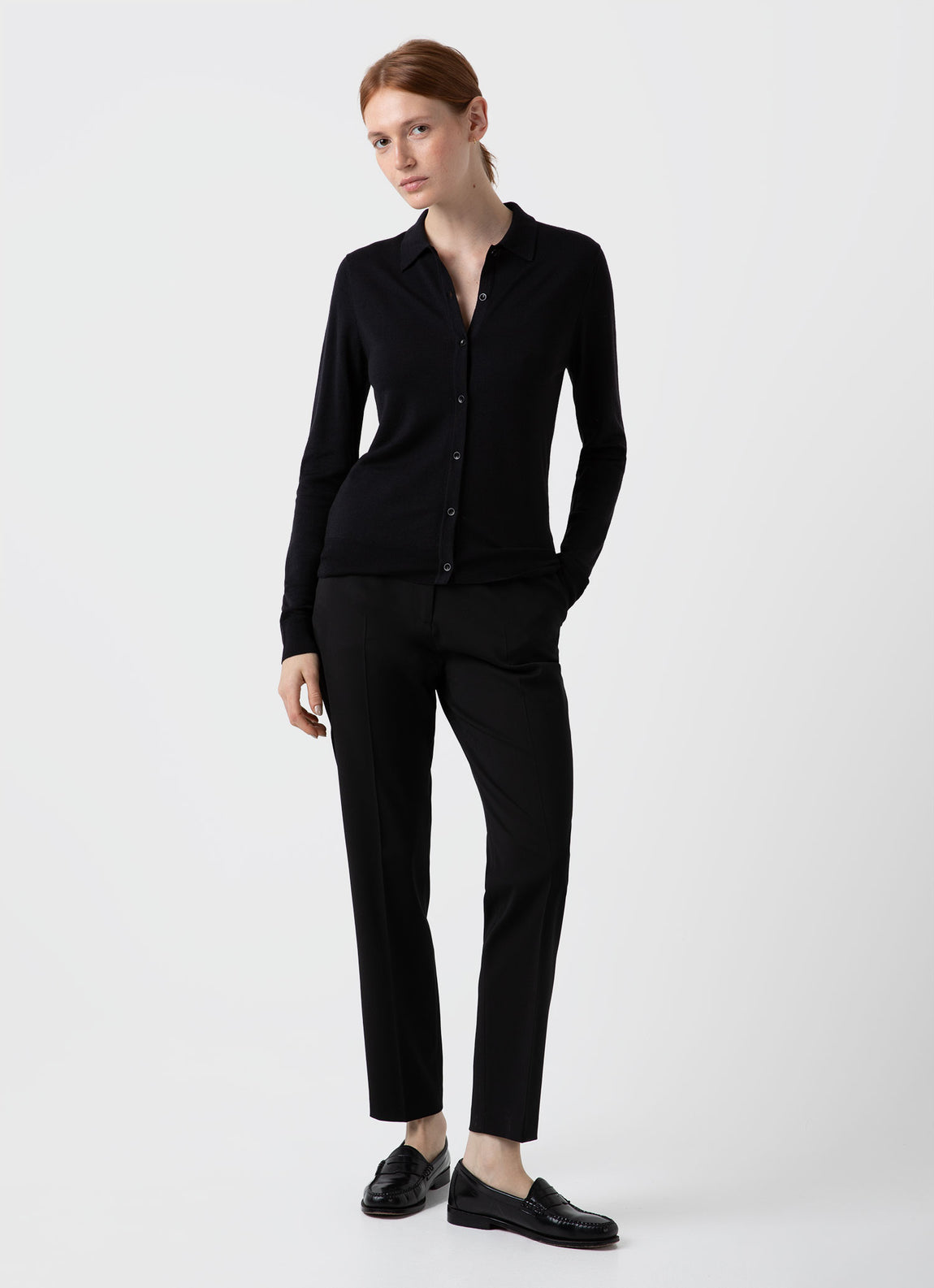 Women's Merino Silk Collar Cardigan in Black