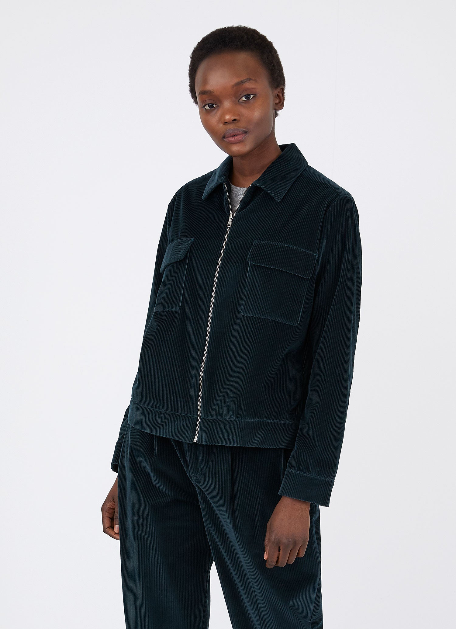 Women s Corduroy Zip Jacket in Forest Sunspel