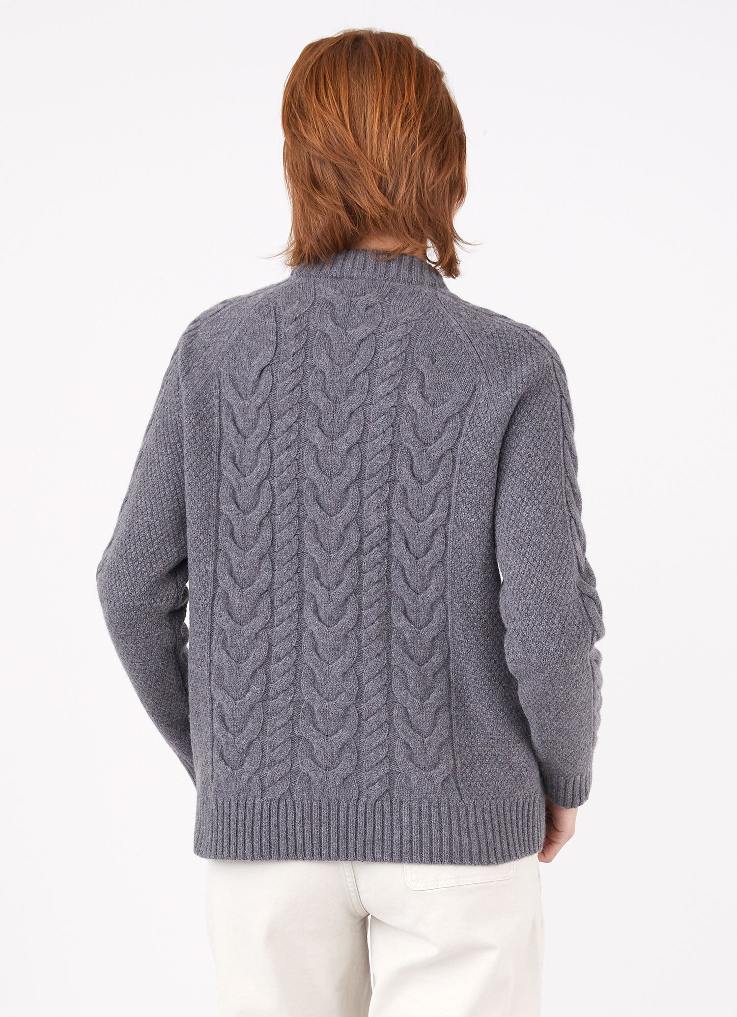 Women's Cable Crew Neck Jumper in Mid Grey Melange