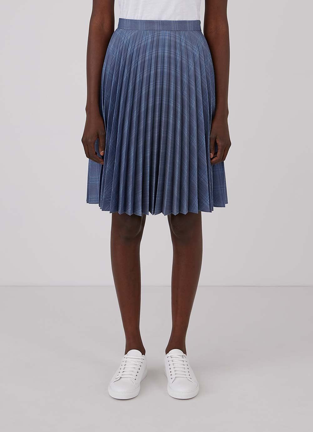 Women's Wool Sunray Pleated Skirt in Blue Check
