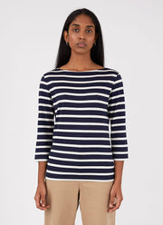 Women's Boat Neck T-shirt in Navy/Ecru Breton Stripe